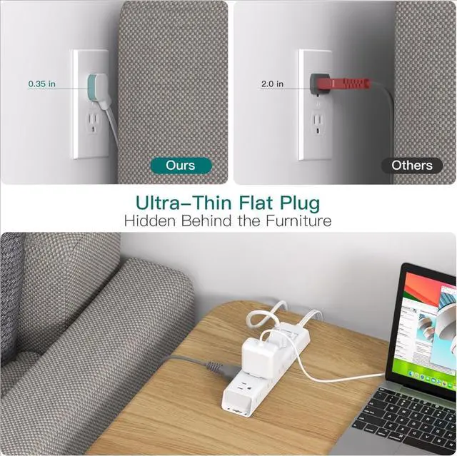Alt view image 2 of 7 - 2 Pack Surge Protector Power Strip - Flat Plug Extension Cord, 12 Outlet Extender 3 Sides with Overload Protection, 5ft, 1050J, Wall Mount Multi Plug Adapter for Home Office College Dorm Essentials