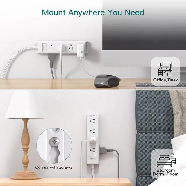 Alt view image 3 of 7 - 2 Pack Surge Protector Power Strip - Flat Plug Extension Cord, 12 Outlet Extender 3 Sides with Overload Protection, 5ft, 1050J, Wall Mount Multi Plug Adapter for Home Office College Dorm Essentials