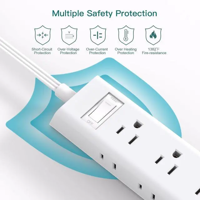Alt view image 4 of 7 - 2 Pack Surge Protector Power Strip - Flat Plug Extension Cord, 12 Outlet Extender 3 Sides with Overload Protection, 5ft, 1050J, Wall Mount Multi Plug Adapter for Home Office College Dorm Essentials