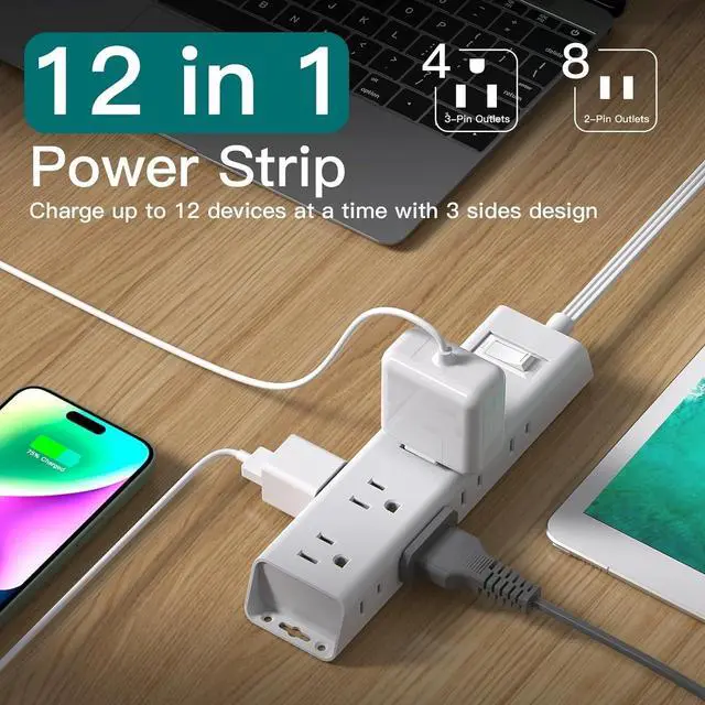 Alt view image 5 of 7 - 2 Pack Surge Protector Power Strip - Flat Plug Extension Cord, 12 Outlet Extender 3 Sides with Overload Protection, 5ft, 1050J, Wall Mount Multi Plug Adapter for Home Office College Dorm Essentials