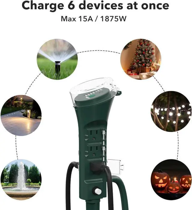 Alt view image 5 of 7 - FOR Outdoor Power Stake Timer, 100FT Wireless Remote Control, Dusk to Dawn Sensor for Outdoor Lights, 6 Grounded Outlets, 6ft Extension Cord, 1875W/15A,Christmas Decorations, ETL Listed