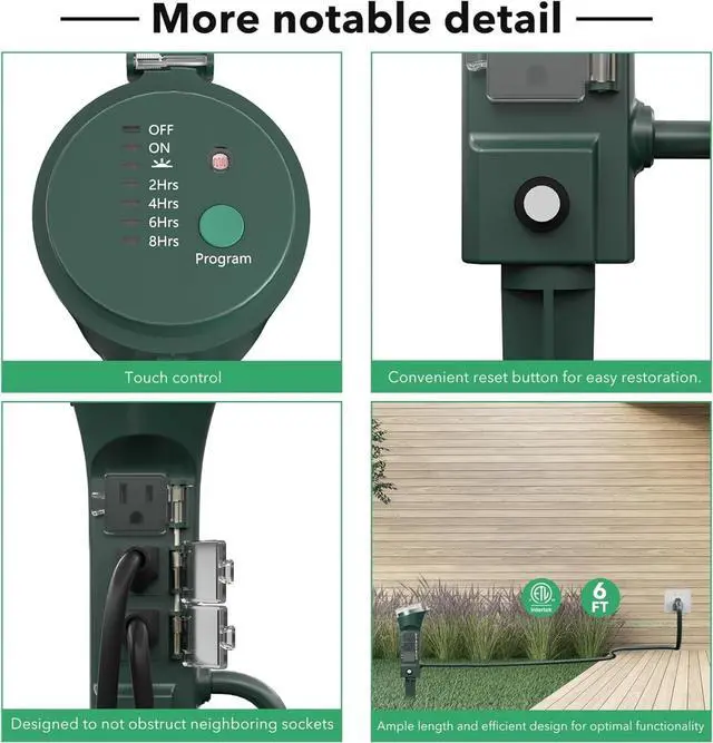 Alt view image 7 of 7 - FOR Outdoor Power Stake Timer, 100FT Wireless Remote Control, Dusk to Dawn Sensor for Outdoor Lights, 6 Grounded Outlets, 6ft Extension Cord, 1875W/15A,Christmas Decorations, ETL Listed