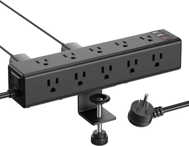 Main image of Standing Desk Clamp Power Strip with 15 Outlets, Widely Spaced Desktop Edge Mount Surge Protector Outlet, Fast Charging USB-A and USB-C Ports, 6 FT Flat Plug, Black Fit 1.6 inch Table top.