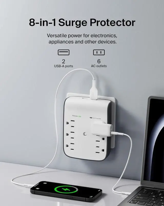 Alt view image 2 of 6 - 6-Outlet Wall Surge Protector w/ 2 USB-A Ports, Wall-Mountable Surge Protector for Home, Office, Travel, Computer Desktop, Laptop, Phone Charger, & More - 900 Joules of Protection