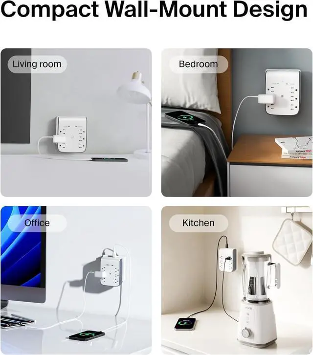 Alt view image 6 of 6 - 6-Outlet Wall Surge Protector w/ 2 USB-A Ports, Wall-Mountable Surge Protector for Home, Office, Travel, Computer Desktop, Laptop, Phone Charger, & More - 900 Joules of Protection