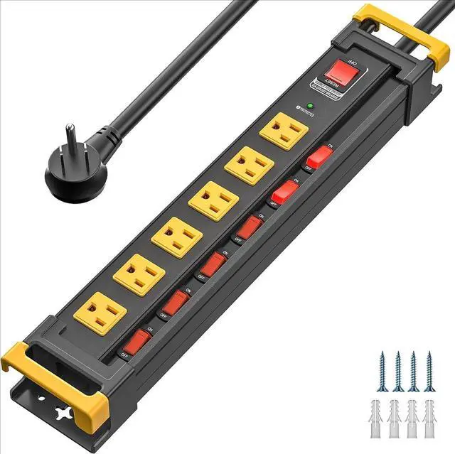 Main image of 6 Outlet Heavy Duty Power Strip with Individual Switches, 3300J Surge Protector Metal Mountable Power Strip, 6FT Cord Management, Wide-Spaced, ETL Listed (15A/1875W)