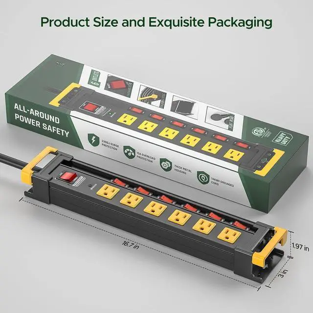Alt view image 6 of 6 - 6 Outlet Heavy Duty Power Strip with Individual Switches, 3300J Surge Protector Metal Mountable Power Strip, 6FT Cord Management, Wide-Spaced, ETL Listed (15A/1875W)