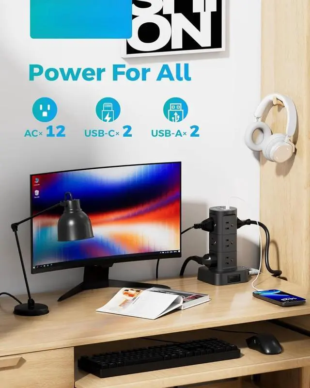 Alt view image 3 of 7 - Surge Protector Power Strip Tower, Flat Plug, 6Ft Extension Cord with Multiple Outlets, 12 Outlets 4 USB Ports, Overload Protection for Office Desk Supplies, Dorm Essentials