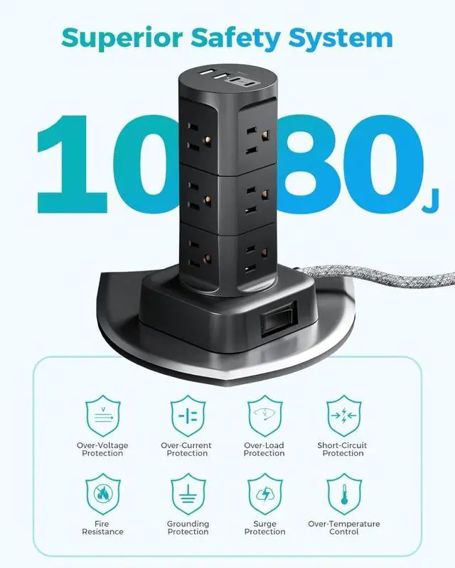 Alt view image 7 of 7 - Surge Protector Power Strip Tower, Flat Plug, 6Ft Extension Cord with Multiple Outlets, 12 Outlets 4 USB Ports, Overload Protection for Office Desk Supplies, Dorm Essentials