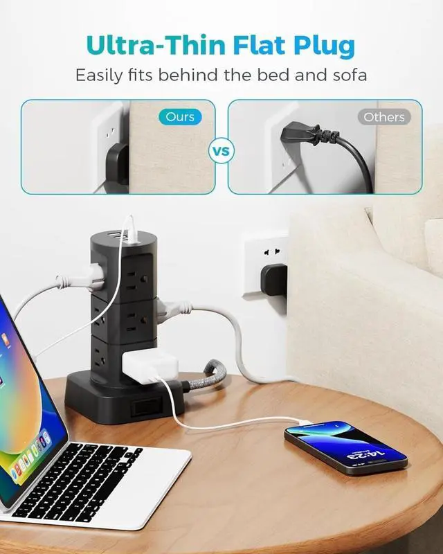 Alt view image 2 of 7 - Surge Protector Power Strip Tower, Flat Plug, 6Ft Extension Cord with Multiple Outlets, 12 Outlets 4 USB Ports, Overload Protection for Office Desk Supplies, Dorm Essentials