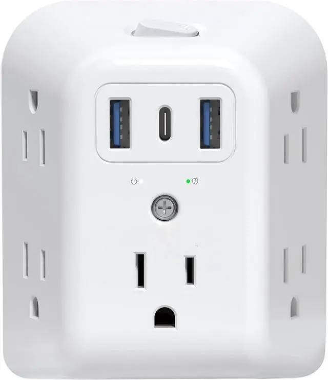 Main image of 2 Prong Power Strip USB, 2 to 3 Prong Outlet Adapter, 5 Outlet Splitter with 3 USB Ports(1 USB-C), Wall Mount 1440J Surge Protector with ON/Off, Polarized Plug, for Non-Grounded Plug Old House