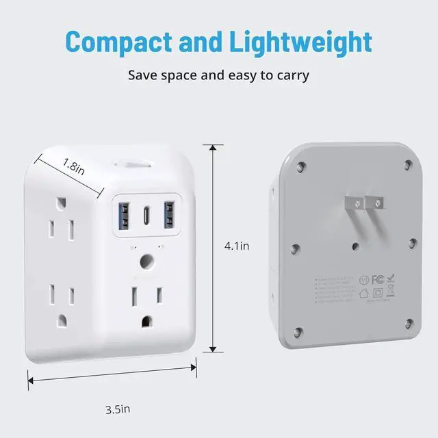 Alt view image 2 of 7 - 2 Prong Power Strip USB, 2 to 3 Prong Outlet Adapter, 5 Outlet Splitter with 3 USB Ports(1 USB-C), Wall Mount 1440J Surge Protector with ON/Off, Polarized Plug, for Non-Grounded Plug Old House