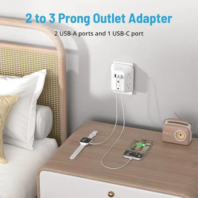 Alt view image 5 of 7 - 2 Prong Power Strip USB, 2 to 3 Prong Outlet Adapter, 5 Outlet Splitter with 3 USB Ports(1 USB-C), Wall Mount 1440J Surge Protector with ON/Off, Polarized Plug, for Non-Grounded Plug Old House