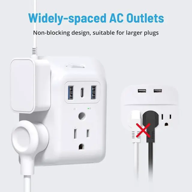 Alt view image 6 of 7 - 2 Prong Power Strip USB, 2 to 3 Prong Outlet Adapter, 5 Outlet Splitter with 3 USB Ports(1 USB-C), Wall Mount 1440J Surge Protector with ON/Off, Polarized Plug, for Non-Grounded Plug Old House