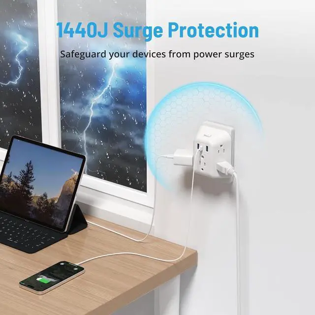 Alt view image 7 of 7 - 2 Prong Power Strip USB, 2 to 3 Prong Outlet Adapter, 5 Outlet Splitter with 3 USB Ports(1 USB-C), Wall Mount 1440J Surge Protector with ON/Off, Polarized Plug, for Non-Grounded Plug Old House