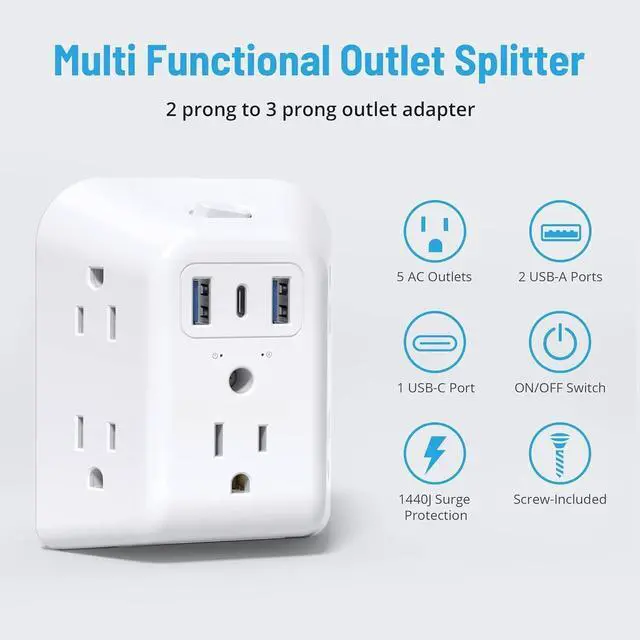 Alt view image 3 of 7 - 2 Prong Power Strip USB, 2 to 3 Prong Outlet Adapter, 5 Outlet Splitter with 3 USB Ports(1 USB-C), Wall Mount 1440J Surge Protector with ON/Off, Polarized Plug, for Non-Grounded Plug Old House