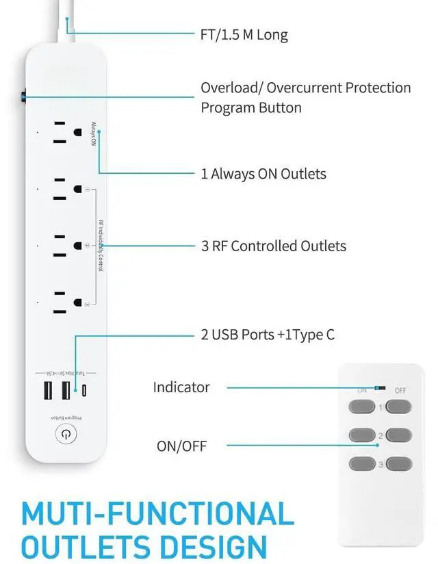 Alt view image 2 of 7 - FOR-Remote Control Power Strip with 3 USB Surge Protector Power Strip with 3 RF Controlled Outlets, 5ft Extension Cord, 15A/1875W Remote Control Outlet for Household and Workstation Appliances
