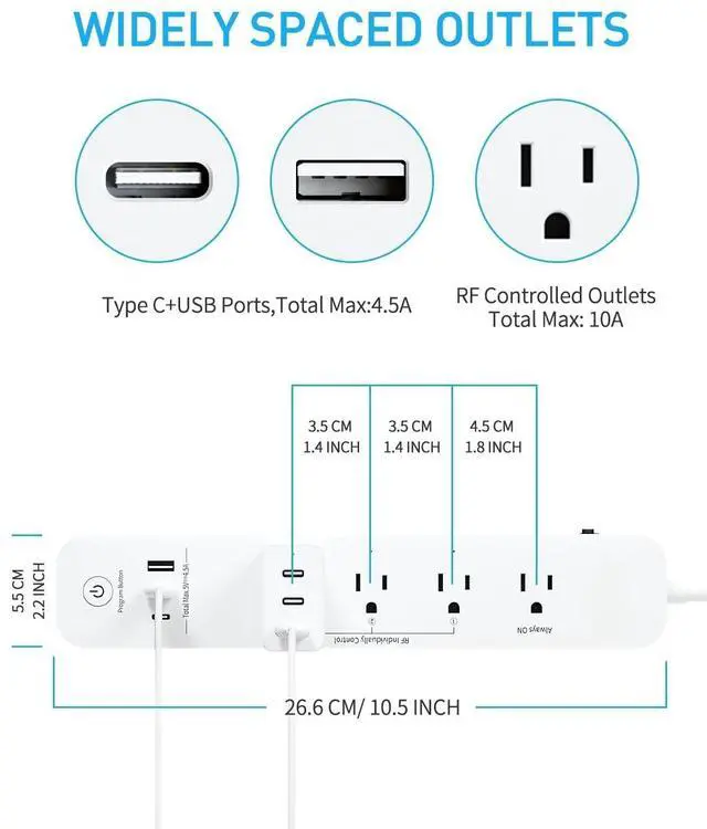 Alt view image 4 of 7 - FOR-Remote Control Power Strip with 3 USB Surge Protector Power Strip with 3 RF Controlled Outlets, 5ft Extension Cord, 15A/1875W Remote Control Outlet for Household and Workstation Appliances