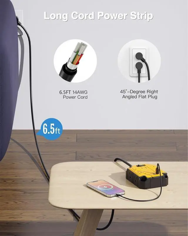 Alt view image 4 of 7 - 8-Outlets Heavy Duty Power Strip with 4 USB Ports(2 USB-C), Industrial Magnetic Surge Protector Power Strip 15 Amps/1200 Joules, 6.5 Ft Multi-Plug Electric Extension Cord for Workshop Garage (Yellow)