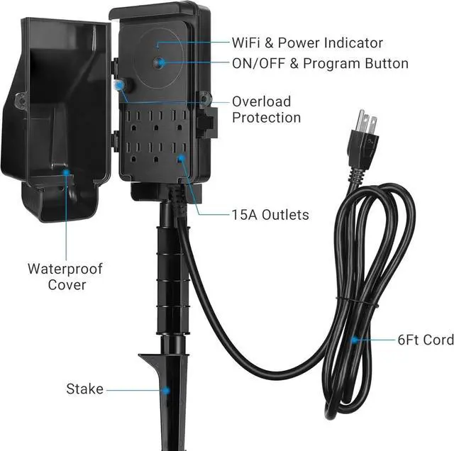 Alt view image 3 of 6 - WiFi Smart Yard Stake Plug with 6 Outlets, Voice Control, Waterproof Power Stake Timer with 6Ft Cord, Alexa&Google Assistant Compatible, 1875W/15A, for Halloween/Christmas Decoration Lights