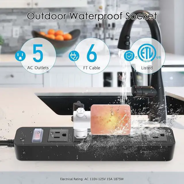 Alt view image 6 of 7 - Outdoor Power Strip Waterproof with 5 Outlets, Garden Weatherproof Surge Protector, Christmas Multiple Outlet Exterior Socket for Lighting Appliances. 6FT Extension Cord Strip with Flat Plug. Black
