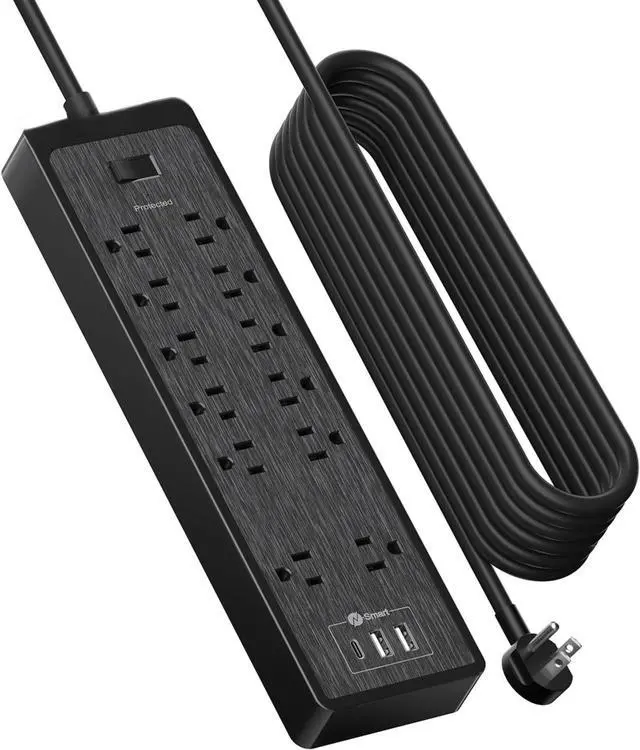 Main image of Flat Plug Extension Cord 25 Ft, Surge Protector Power Strip with 12 Outlets(2 Widely Space) 3 USB, Overload Protection Switch, 2100 Joules, Wall Mount for Home Office and Workbench, Black