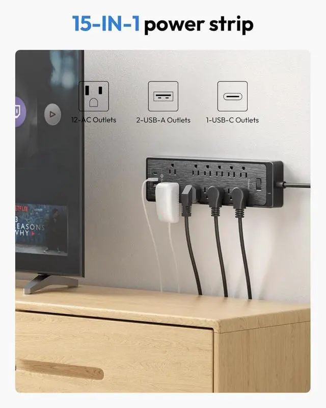 Alt view image 3 of 7 - Flat Plug Extension Cord 25 Ft, Surge Protector Power Strip with 12 Outlets(2 Widely Space) 3 USB, Overload Protection Switch, 2100 Joules, Wall Mount for Home Office and Workbench, Black