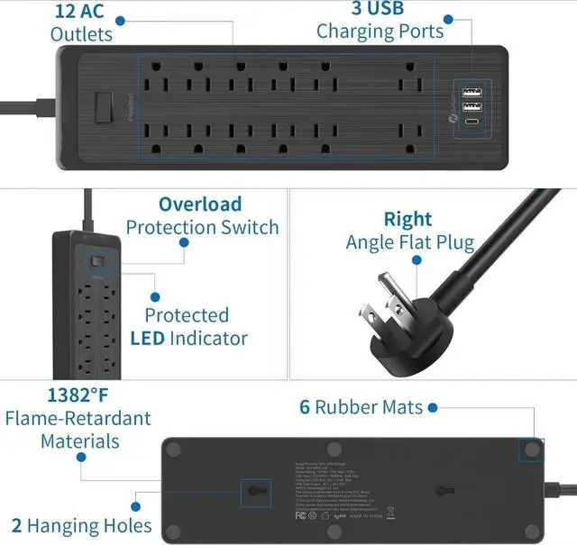 Alt view image 4 of 7 - Flat Plug Extension Cord 25 Ft, Surge Protector Power Strip with 12 Outlets(2 Widely Space) 3 USB, Overload Protection Switch, 2100 Joules, Wall Mount for Home Office and Workbench, Black