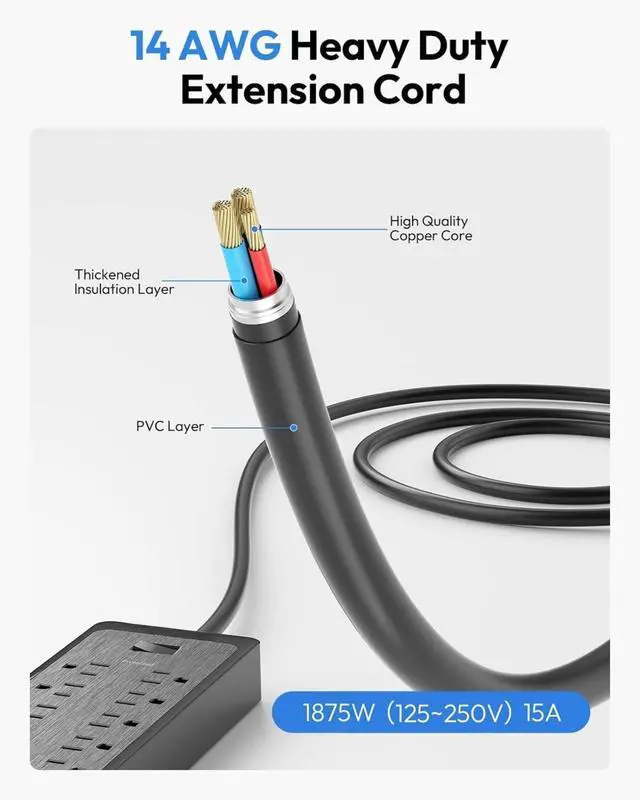 Alt view image 5 of 7 - Flat Plug Extension Cord 25 Ft, Surge Protector Power Strip with 12 Outlets(2 Widely Space) 3 USB, Overload Protection Switch, 2100 Joules, Wall Mount for Home Office and Workbench, Black