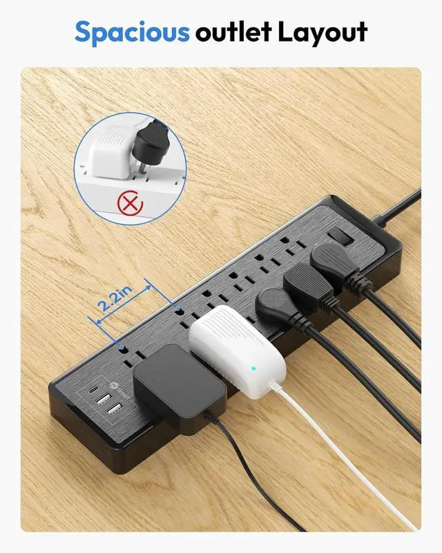 Alt view image 6 of 7 - Flat Plug Extension Cord 25 Ft, Surge Protector Power Strip with 12 Outlets(2 Widely Space) 3 USB, Overload Protection Switch, 2100 Joules, Wall Mount for Home Office and Workbench, Black