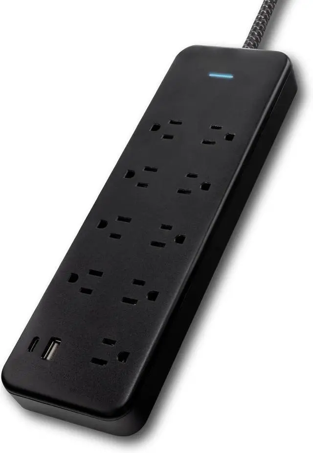 Alt view image 3 of 6 - 9-Outlet Surge Protector with USB Charging, 6ft Braided Extension Cord, 1USB-A, 1USB-C, 2400J, Adapter Spaced, Black - SPP3983B/37