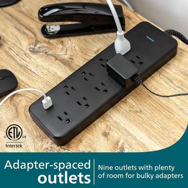 Alt view image 2 of 6 - 9-Outlet Surge Protector with USB Charging, 6ft Braided Extension Cord, 1USB-A, 1USB-C, 2400J, Adapter Spaced, Black - SPP3983B/37