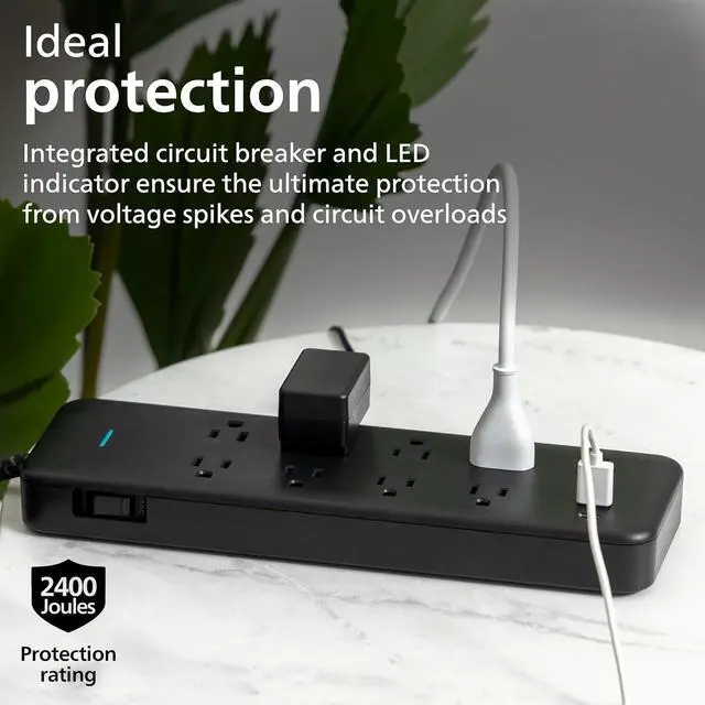 Alt view image 5 of 6 - 9-Outlet Surge Protector with USB Charging, 6ft Braided Extension Cord, 1USB-A, 1USB-C, 2400J, Adapter Spaced, Black - SPP3983B/37