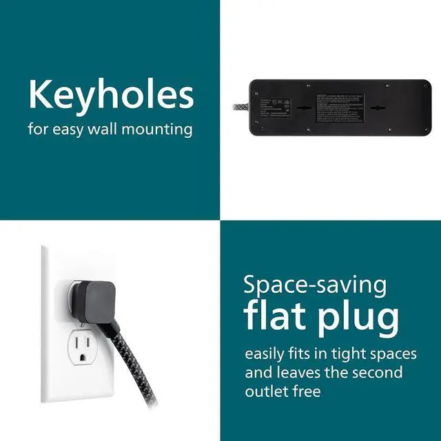 Alt view image 6 of 6 - 9-Outlet Surge Protector with USB Charging, 6ft Braided Extension Cord, 1USB-A, 1USB-C, 2400J, Adapter Spaced, Black - SPP3983B/37