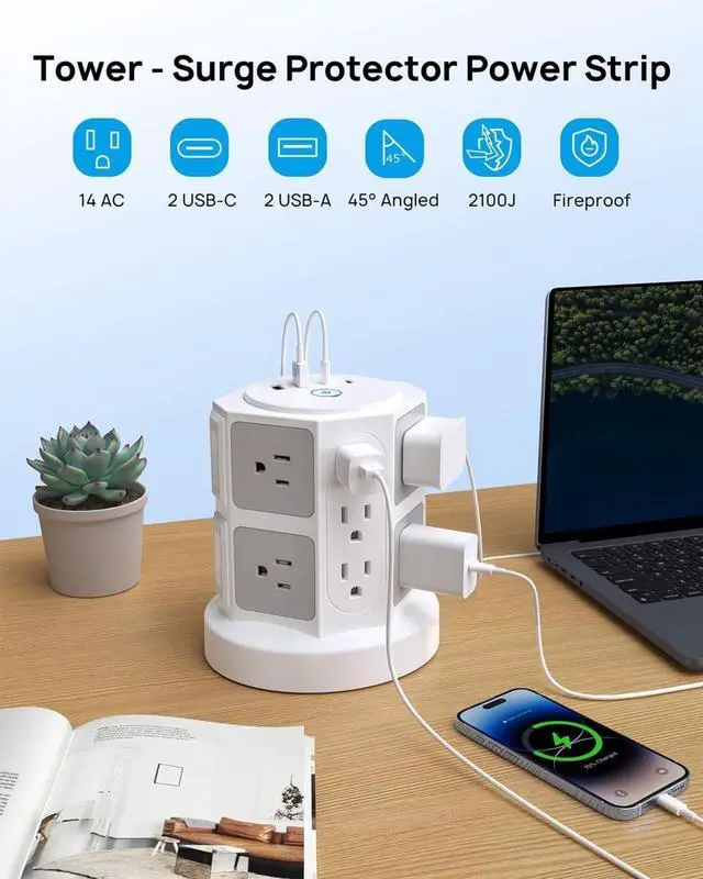 Alt view image 2 of 7 - Tower Surge Protector Power Strip with 14 Widely Spaced Outlets, 4 USB Ports(2 USB C), 2100J Surge Protection, 6 Feet Extension Cord with Multiple Outlets, Office Desk Supplies, Dorm Essentials