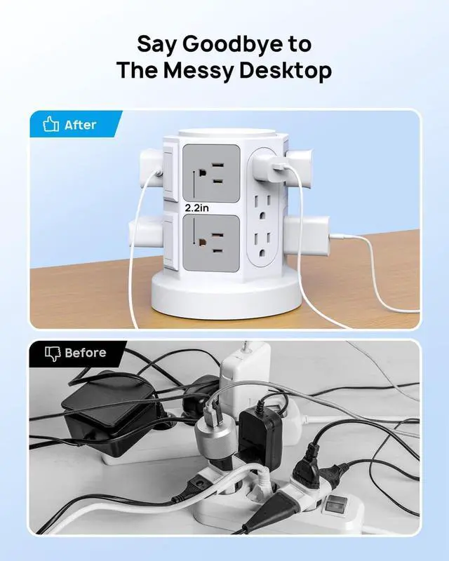 Alt view image 4 of 7 - Tower Surge Protector Power Strip with 14 Widely Spaced Outlets, 4 USB Ports(2 USB C), 2100J Surge Protection, 6 Feet Extension Cord with Multiple Outlets, Office Desk Supplies, Dorm Essentials