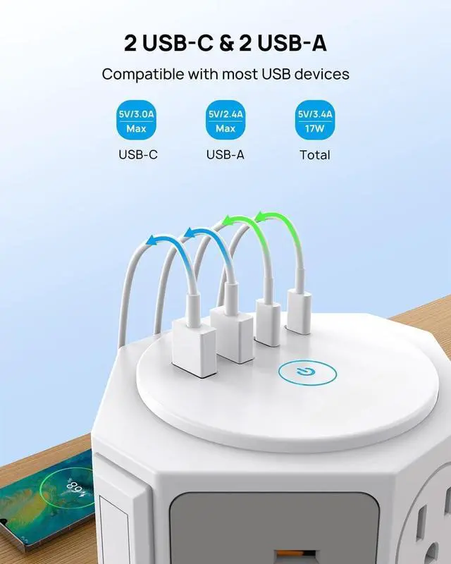 Alt view image 5 of 7 - Tower Surge Protector Power Strip with 14 Widely Spaced Outlets, 4 USB Ports(2 USB C), 2100J Surge Protection, 6 Feet Extension Cord with Multiple Outlets, Office Desk Supplies, Dorm Essentials