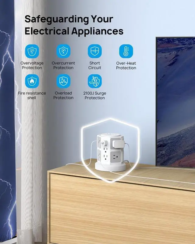Alt view image 6 of 7 - Tower Surge Protector Power Strip with 14 Widely Spaced Outlets, 4 USB Ports(2 USB C), 2100J Surge Protection, 6 Feet Extension Cord with Multiple Outlets, Office Desk Supplies, Dorm Essentials