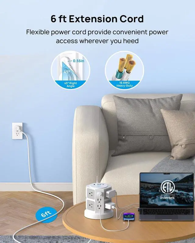 Alt view image 7 of 7 - Tower Surge Protector Power Strip with 14 Widely Spaced Outlets, 4 USB Ports(2 USB C), 2100J Surge Protection, 6 Feet Extension Cord with Multiple Outlets, Office Desk Supplies, Dorm Essentials