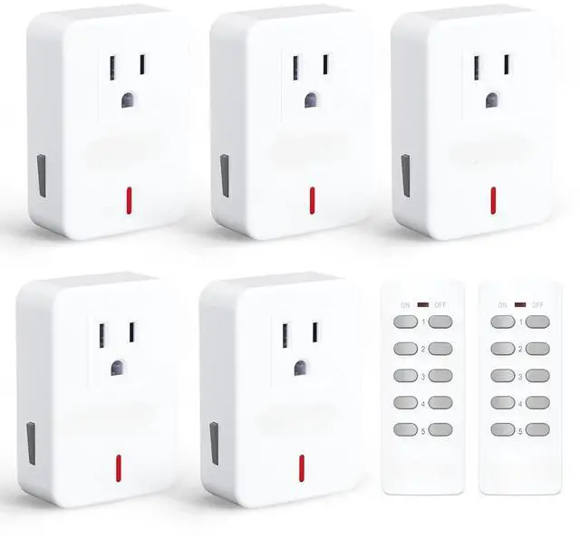 Main image of Remote Control Outlet Wireless Light Switch for Household Appliances, Expandable Remote Light Switch Kit, Up to 100 ft Range, White (5 Outlets + 2 Remotes)