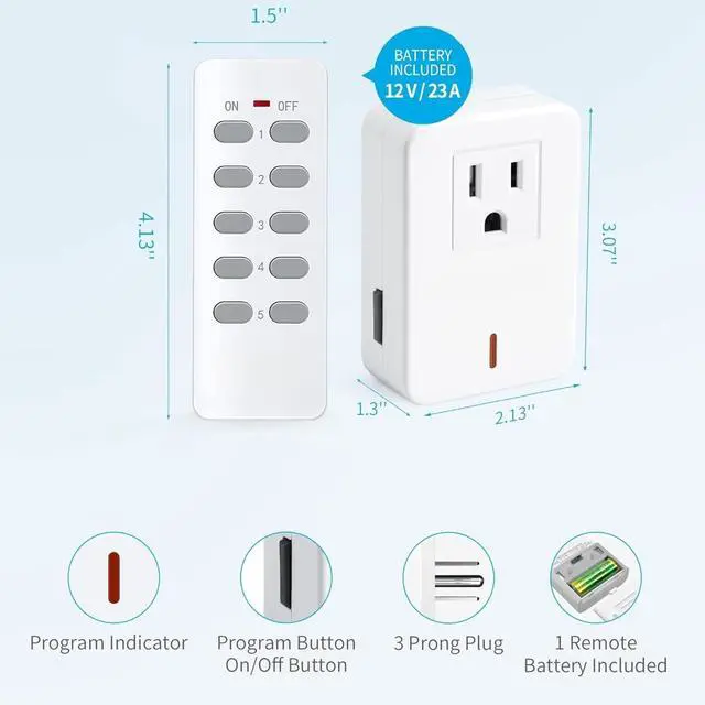 Alt view image 7 of 7 - Remote Control Outlet Wireless Light Switch for Household Appliances, Expandable Remote Light Switch Kit, Up to 100 ft Range, White (5 Outlets + 2 Remotes)