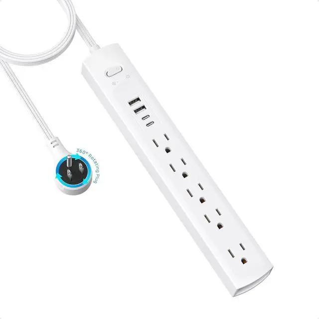 Main image of Surge Protector Power Strip with 360° Rotating Flat Plug, 5 Widely Spaced Outlets with 2 USB C and 2 USB A, 1440J Surge Protector, Wall Mountable, Extension Cord 6ft for Home Office Dorm, White