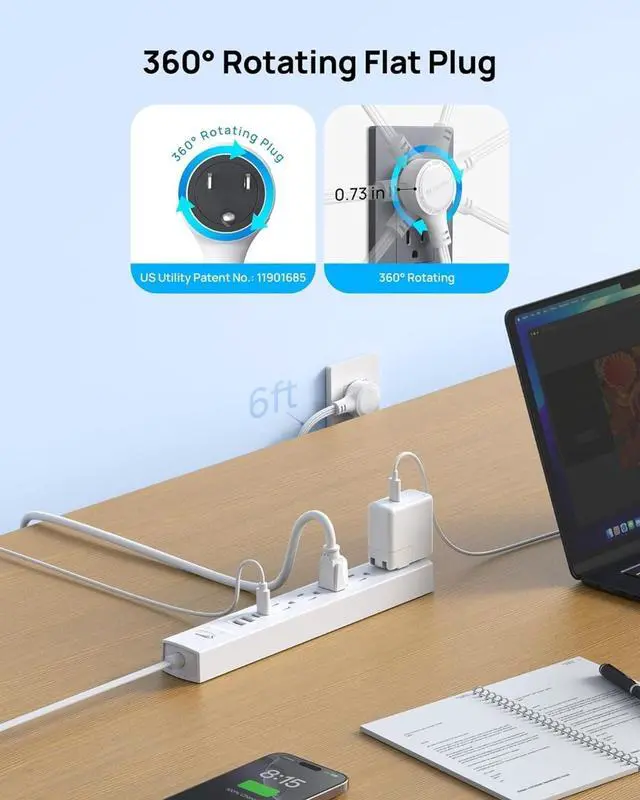 Alt view image 2 of 7 - Surge Protector Power Strip with 360° Rotating Flat Plug, 5 Widely Spaced Outlets with 2 USB C and 2 USB A, 1440J Surge Protector, Wall Mountable, Extension Cord 6ft for Home Office Dorm, White