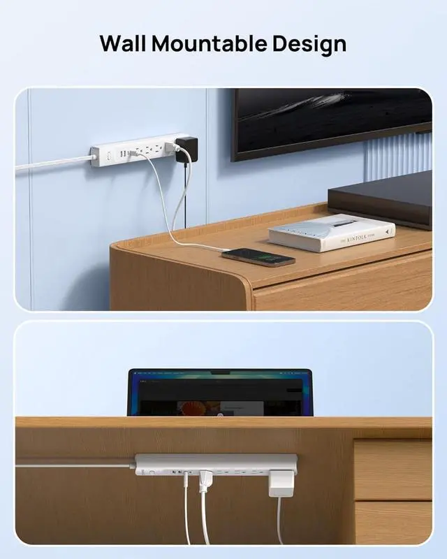 Alt view image 6 of 7 - Surge Protector Power Strip with 360° Rotating Flat Plug, 5 Widely Spaced Outlets with 2 USB C and 2 USB A, 1440J Surge Protector, Wall Mountable, Extension Cord 6ft for Home Office Dorm, White