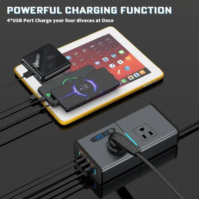 Alt view image 3 of 7 - FOR 200W Car Power Inverter Newly Car Plug Adapter Outlet Charger DC 12V to 110V Car Inverter with 1.2A&2.4A USB, 1 QC3.0 USB and 1 Type C Ports Black