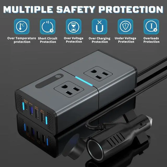 Alt view image 4 of 7 - FOR 200W Car Power Inverter Newly Car Plug Adapter Outlet Charger DC 12V to 110V Car Inverter with 1.2A&2.4A USB, 1 QC3.0 USB and 1 Type C Ports Black