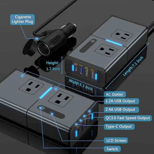 Alt view image 2 of 7 - FOR 200W Car Power Inverter Newly Car Plug Adapter Outlet Charger DC 12V to 110V Car Inverter with 1.2A&2.4A USB, 1 QC3.0 USB and 1 Type C Ports Black