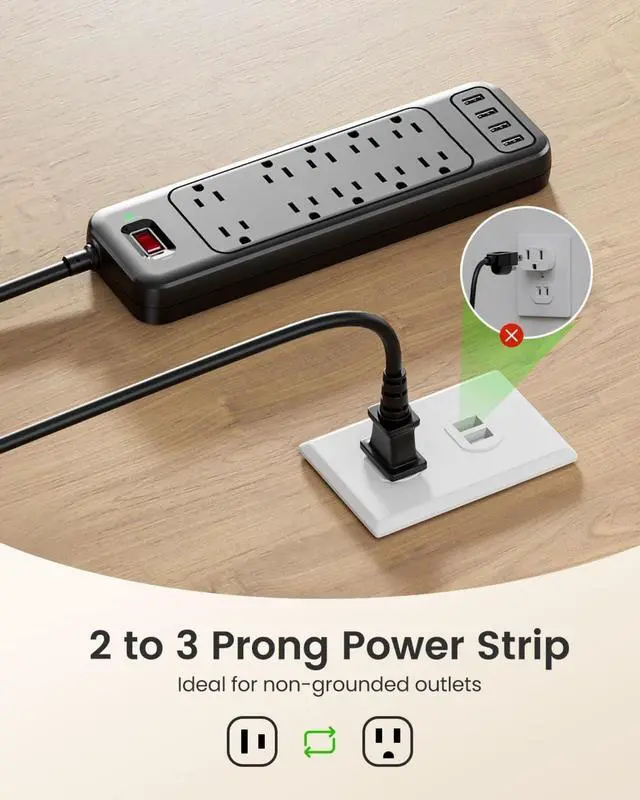 Alt view image 2 of 7 - 2 Prong Power Strip, Polarized 3 Prong to 2 Prong Outlet Adapter, 1700J Surge Protector, 6ft Extension Cord, 10 AC Outlets & 4 USB(5V 3.4A Max), Wall Mountable, Ideal for Non-Grounded Outlets