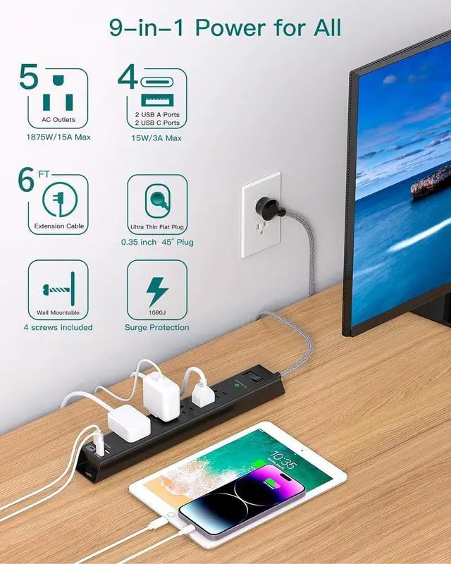Alt view image 4 of 7 - 2 Pack Power Strip Surge Protector - 6Ft Extension Cord with 5 Widely Outlets 4 USB (2 USB C) Port, 1875W/15A, Wall Mount, Flat Plug, Desk Charging Station for Home Office College Dorm Room Essentials