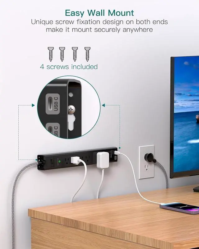 Alt view image 5 of 7 - 2 Pack Power Strip Surge Protector - 6Ft Extension Cord with 5 Widely Outlets 4 USB (2 USB C) Port, 1875W/15A, Wall Mount, Flat Plug, Desk Charging Station for Home Office College Dorm Room Essentials